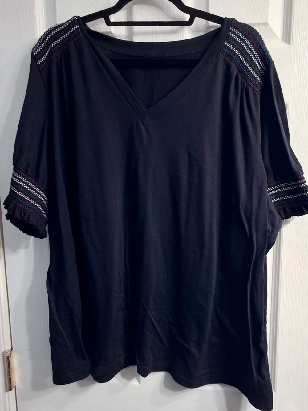 BloomChic Navy blue V-Neck Top with Embroidered Sleeve Accents, Size 22/24